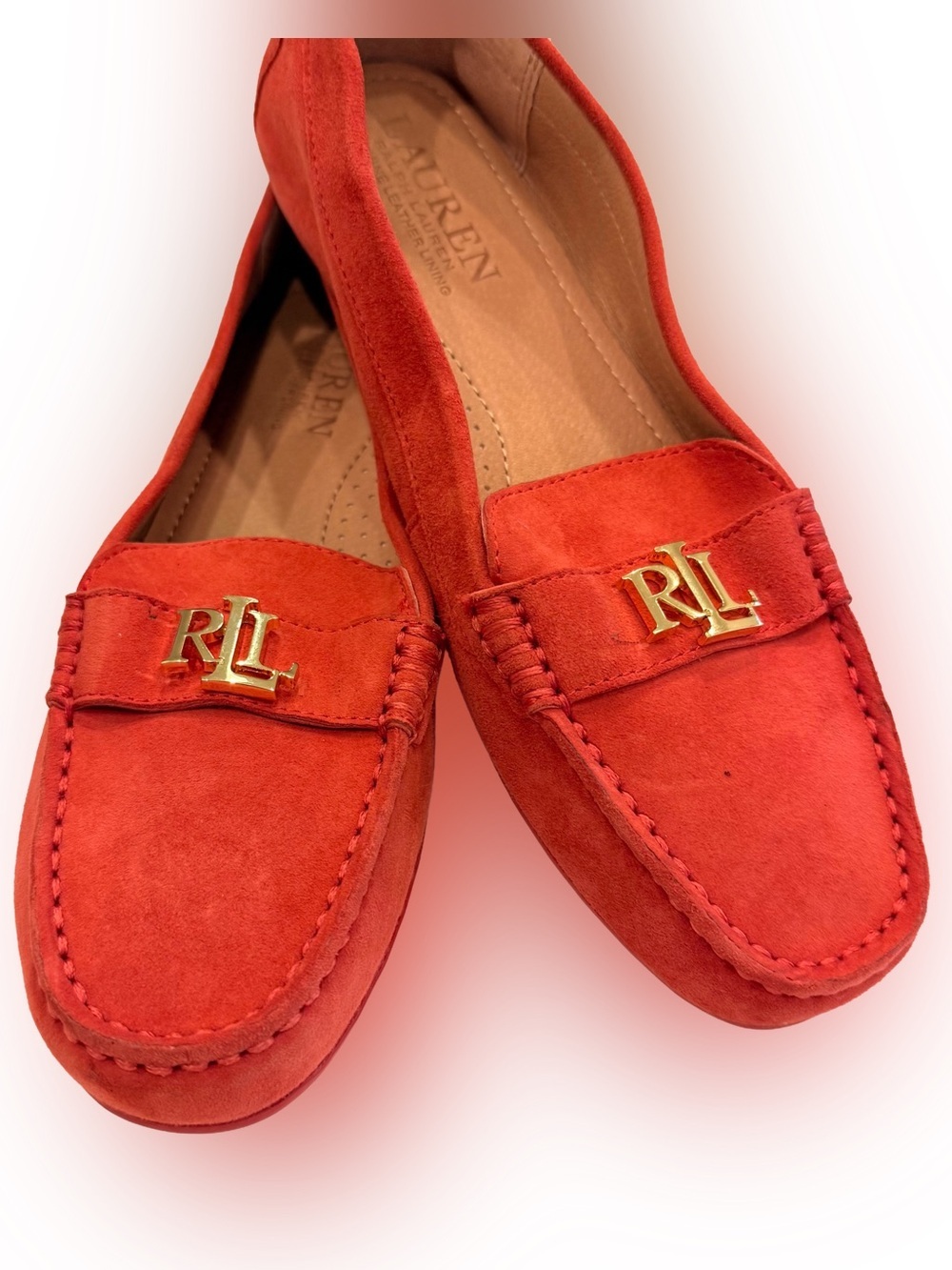 Lauren Ralph Lauren Women’s Suede Loafers Red W/ Gold Logo Sz 6 NEW